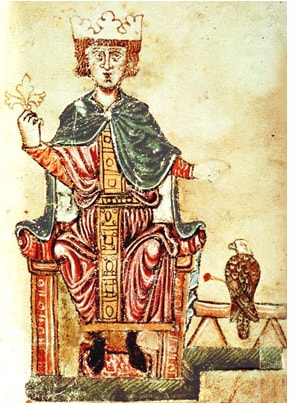 Fryderyk II na tronie z sokołem