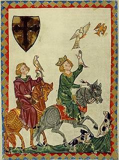Rycina średniowieczna przedstawiająca polowanie z sokołem